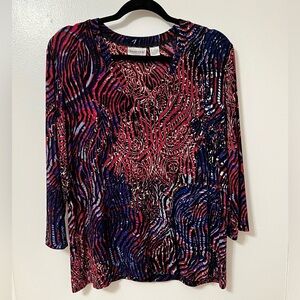 Chico's Travelers Red and Blue Patterned Blouse